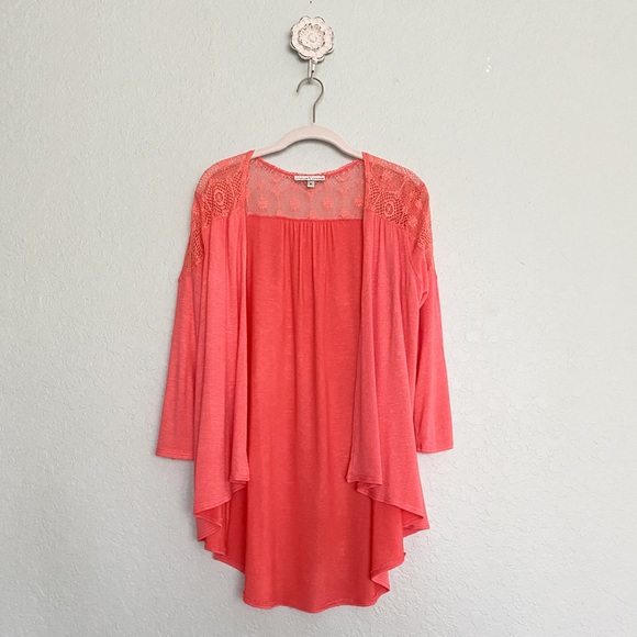 Moa Moa Sweaters - Moa Moa•Coral Duster/Cardigan with Lace Detail